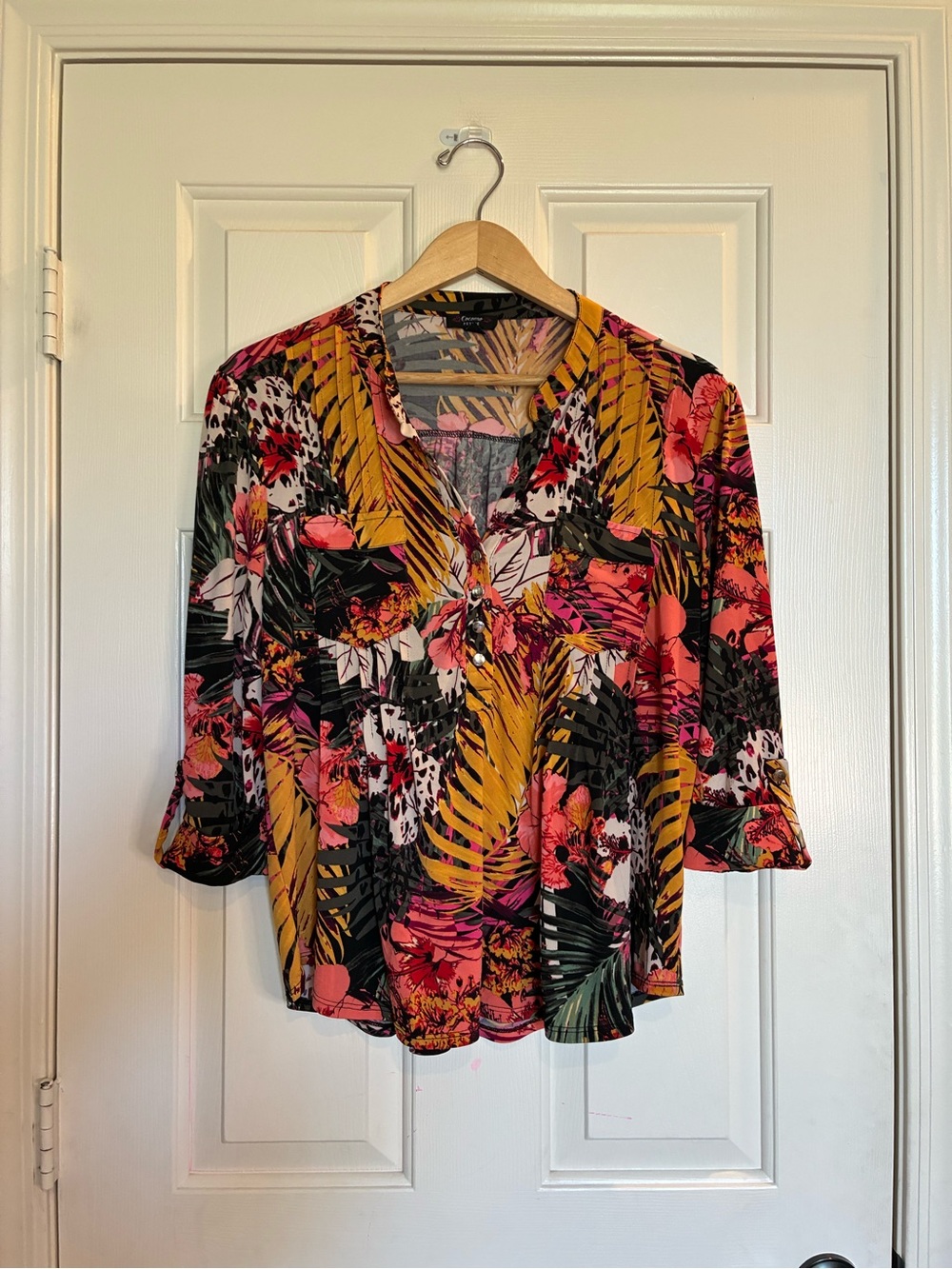 Cocomo Tropical Floral Henley Blouse in Pink, Mustard & Black
